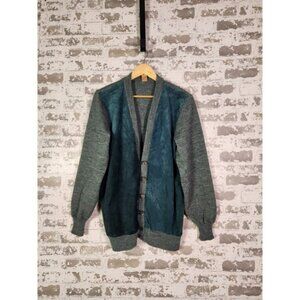 Vintage Suede‎ Cardigan Sweater Large Green Pigskin Grandpacore Mixed Media